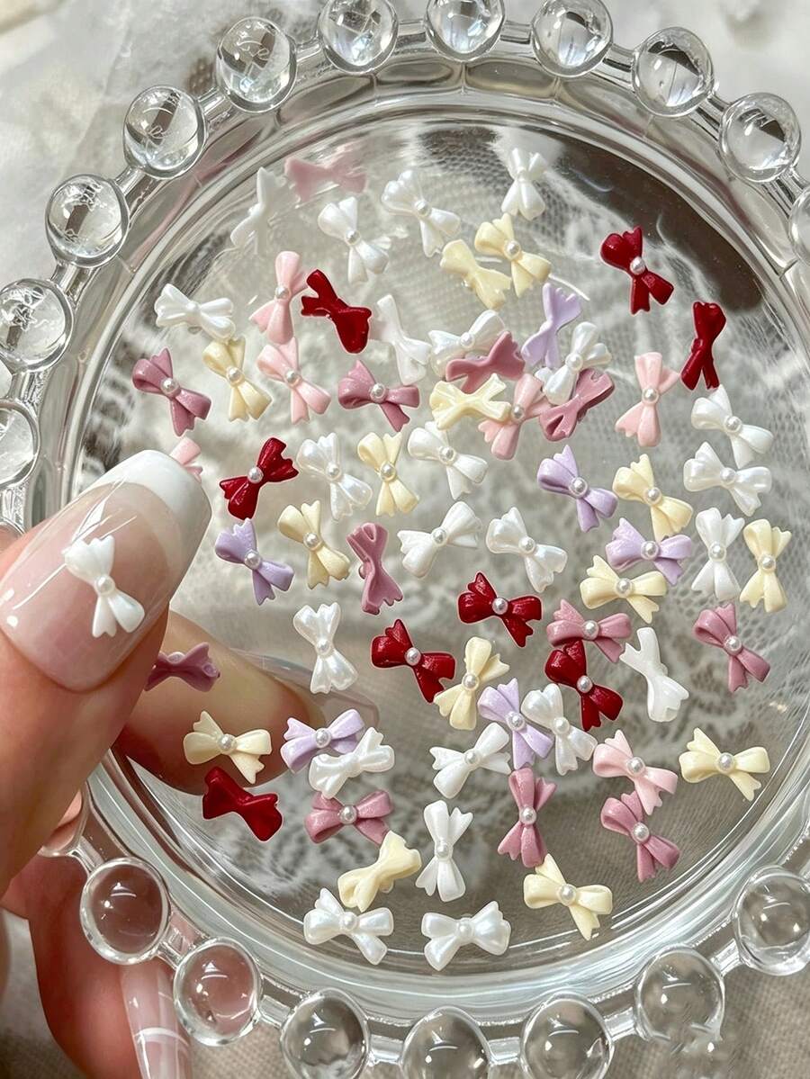 50pcs Mini Pearl Ribbon Nail Art Decor 3D Resin Small Ribbon Cute Fairy Nail Stickers Suitable For Long/Short Fake Nails Multi-Color Mixed Set Nail Art Supplies - Multicolor - View 1