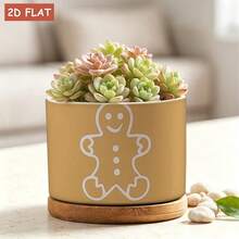 Minimalist Gingerbread Man Silhouette Ceramic Planter, 3.62X3.62X2.68 Inch Small Plant Container, Light Brown Solid Color Background, Perfect For Indoor Succulents, Desktop Greenery And Home Decor Display, Gardening Gift - A - View 2
