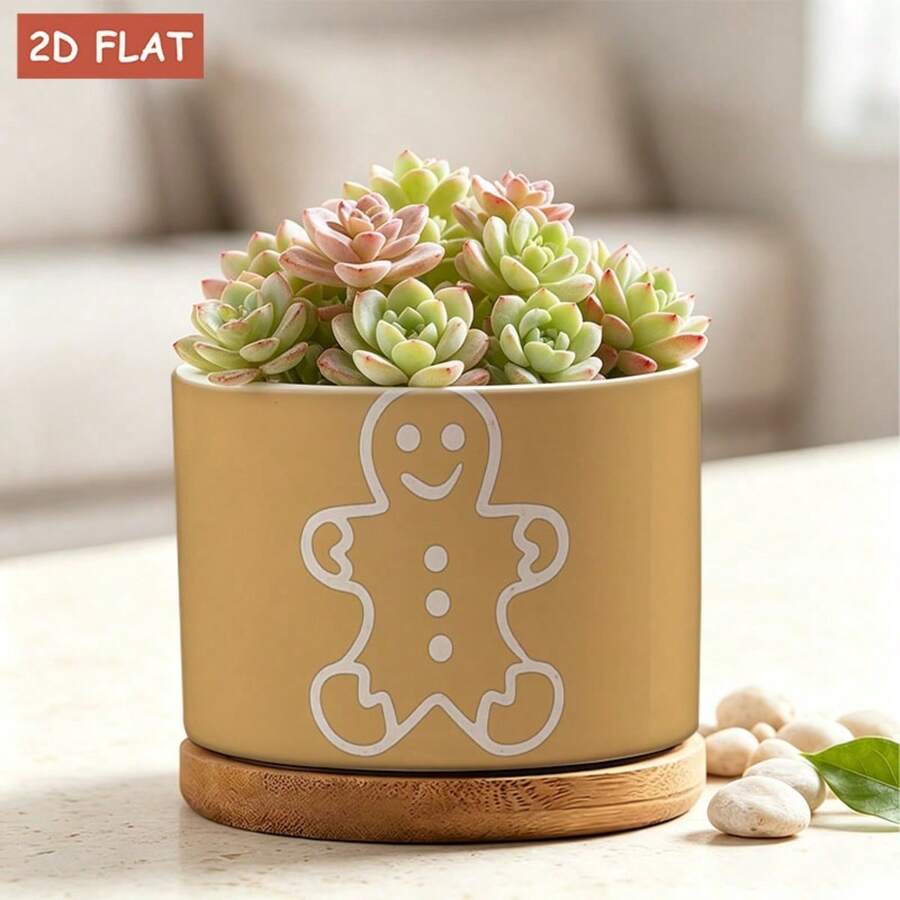 Minimalist Gingerbread Man Silhouette Ceramic Planter, 3.62X3.62X2.68 Inch Small Plant Container, Light Brown Solid Color Background, Perfect For Indoor Succulents, Desktop Greenery And Home Decor Display, Gardening Gift