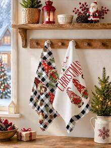 2pcs Christmas Cartoon Black Plaid Gnome Holding Gift Merry Christmas Pattern Kitchen Towels, Soft Polyester Dish Cloths, Suitable For Kitchen Decor, Kitchen Cleaning, Holiday Party Decoration, Kitchen Bathroom Supplies Home Essentials, Home Decor, Housewarming Gift - Multicolor - View 6