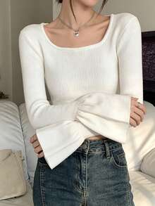 Sweater Wanita Model Baru Warna Polos Lengan Lebar Leher Persegi Pas Badan - Putih - View 2