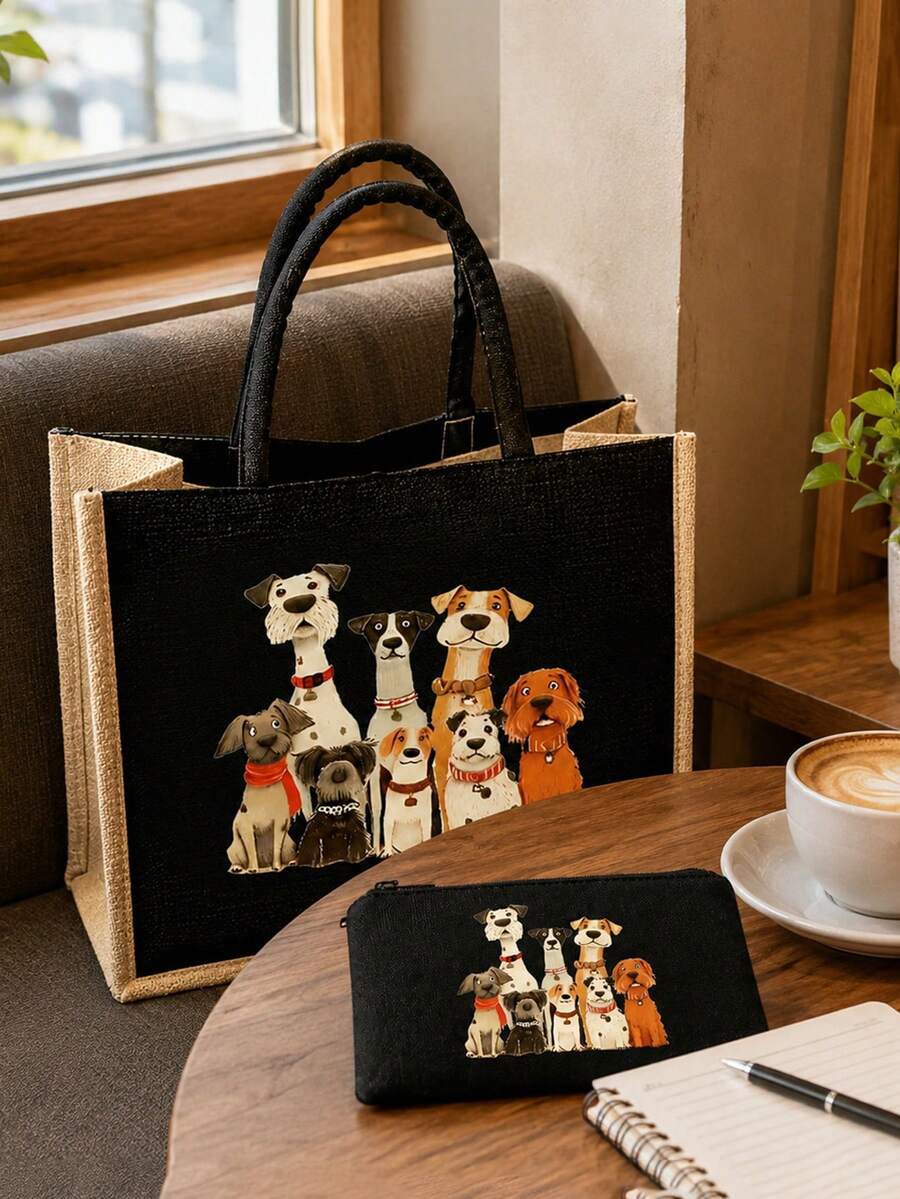 Cute Cartoon Dog Pattern Linen Tote Bag Set, Large Capacity Lightweight Shopping Bag, Dual Handle Daily Handbag, Includes Portable Cosmetic Storage Bag, Multi-Functional Shopping Bag, Handheld Storage Bag, Suitable As Gift For Sisters, Birthday Gift, Halloween And Christmas Gift - Multicolor - View 1