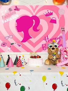 MASSDI Backdrop, Personalized Polyester Birthday Backdrop, Pink Heart Cartoon Silhouette Character Print, Wrinkle Resistant Fabric, Easy Hanging, Photo Booth Background, Celebration Decor, Party Ornament, Party Favor, Holiday Gift Accessory - Multiple Styles - View 4