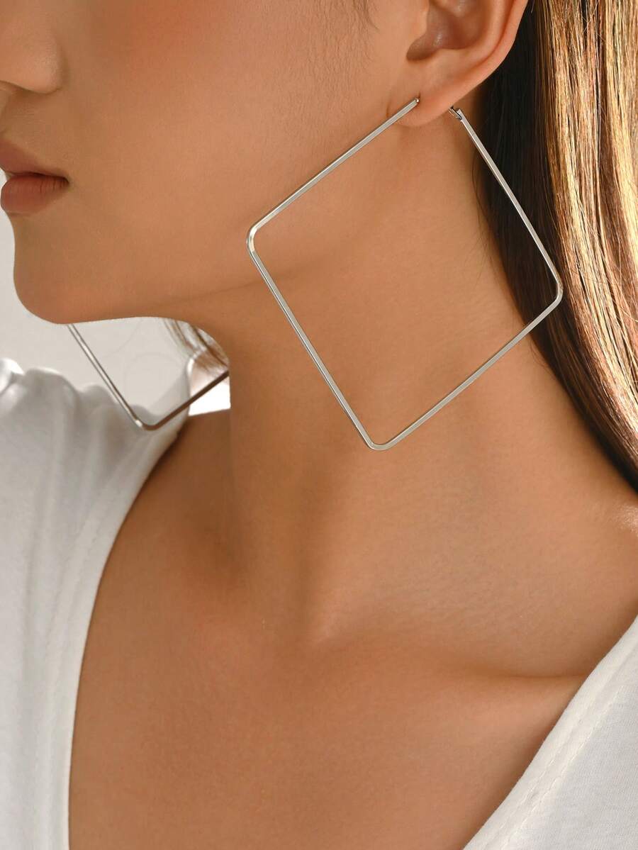 1pair Sexy Metallic Geometric Square Hoop Earrings Women's Accessory - Silver - View 1