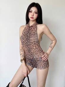 Top Dazzle 女款無袖掛脖露背豹紋連身衣 短款針織面料連身褲 中度彈性 - 豹紋 - 查看 1