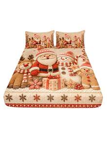 3pcs Christmas Cartoon Santa Claus Snowman Reindeer Print Bedding Set, (1PC Fitted Sheet + 2pcs Pillowcases, Pillow Inserts Not Included,) Polyester Digital Print, Cute Snowman Santa Claus Reindeer Penguin Theme Bedroom Decor, Machine Washable, Bedroom Holiday Home Textiles - Multi-color 1 - View 15
