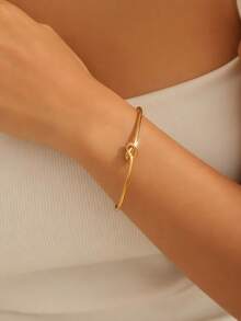 VceTd 1/2PCS Classic Minimalist Style Stainless Steel Women's Open Bangle/Ring Set With Knot Design, Suitable For Women's Daily Wear - Yellow Gold - View 3
