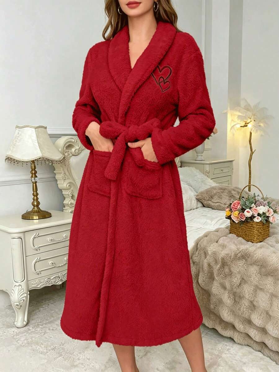Women's Plush Heart Embroidery Robe, Soft And Comfortable Autumn/Winter Loungewear, Cream Color Plush Bathrobe, Women's Fluffy Plush Robe - Heart Red - View 1