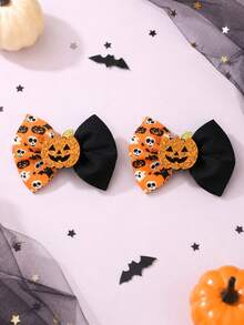 2PCS Halloween Ribbon Hair Bow Clips For Girls, Glitter Decor Hair Barrettes With Skull Ghost Bat Print For Halloween Party,Kids Hair Accessories - Multicolor - View 7