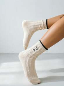 1/2pairs Of Bowknot Embroidery Pattern Wool Socks Autumn And Winter Thickened Medium Tube Socks, Fried Dough Twists Pattern Women's Socks - Multicolor - View 3