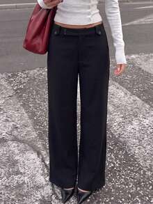 Women's Black Woven Wide Leg Pants, Button Decor, Long Straight Leg Trousers, Create Elegant Autumn Outfit - Black - View 6