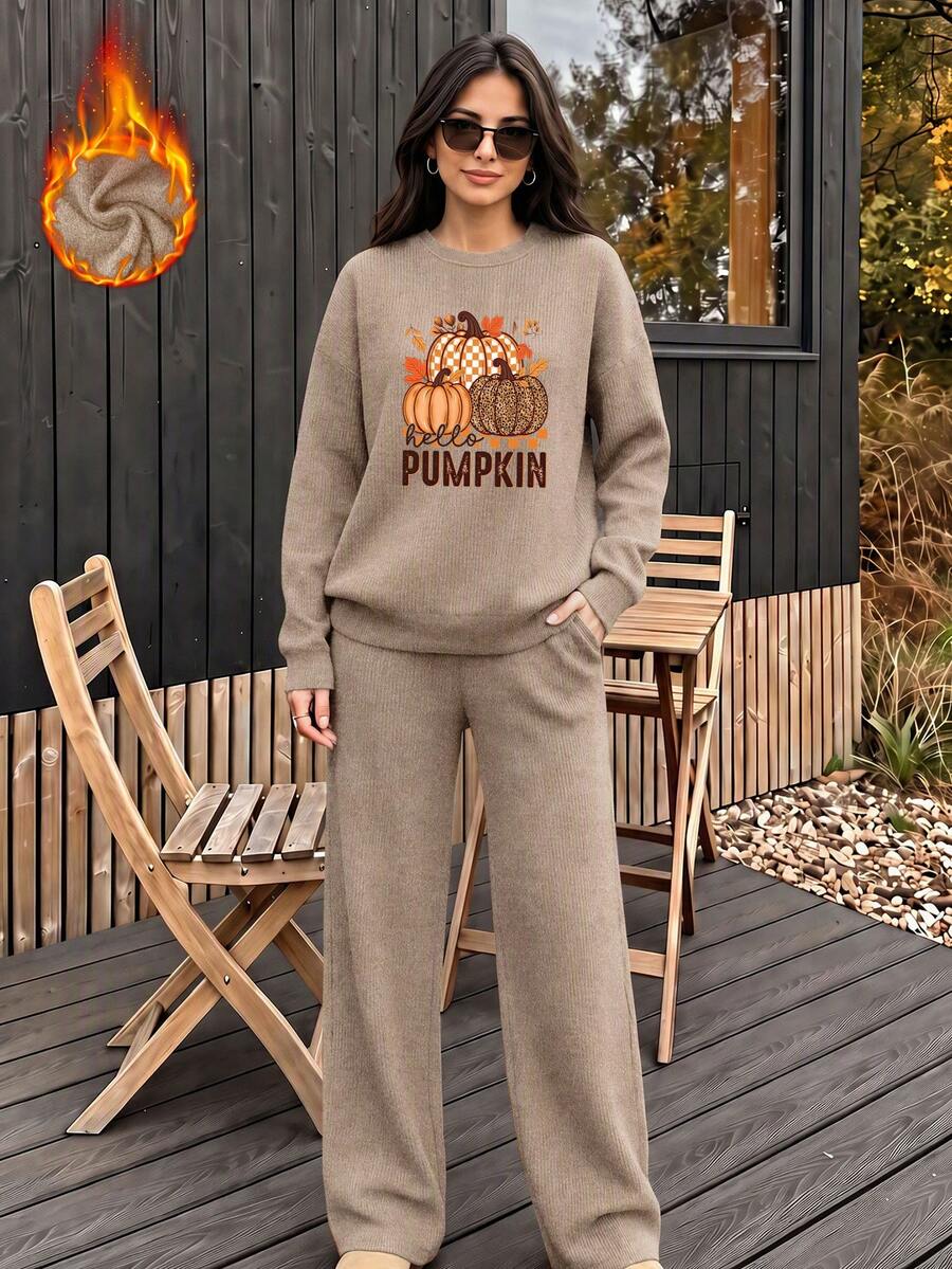 Women Fall Pumpkin Print Faux-Knit Two Pieces Set, Winter Long Sleeve Top Wide Leg Pants Daily Outfit - Camel - View 1