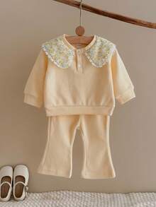 2Pcs/Set Baby Girl Floral Patchwork Peter Pan Collar Long Sleeve Outfit, Infant Ribbed Knit Top And Flare Pants Set - Yellow - View 4