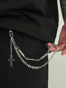 1pc Men's Pants Chain, Silver Metal, Bullet Head Cross Chain, Hip-Hop Personalized Accessory Suitable For Daily Streetwear - Silver - View 3
