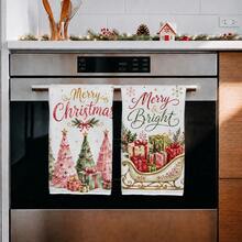 2pcs Pink Christmas Tree & Sleigh Pattern Kitchen Towels, Watercolor Style, Rectangular Microfiber Kitchen Towels, Dish Cloths, Scouring Pads, Hand Towels, Cooking & Baking Tea Towels, Christmas Kitchen Decor, Housewarming Gift, Birthday Gift, Bathroom Cleaning Cloths, Decorative Towels - Pink - View 5
