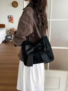 豹紋女款單肩包、女款托特包、時尚新款水桶包、秋冬熱門、蝴蝶結裝飾手提包、單肩包、通勤包、純色手提包 - 黑色 - 查看 7