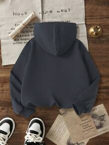 Fashionable Girls Casual Letter Print Hoodie Sweatshirt Paired With Slim Fit Leggings Long Pants, Spring Autumn Winter Daily Versatile 2pcs Set. - Dark Grey - View 6