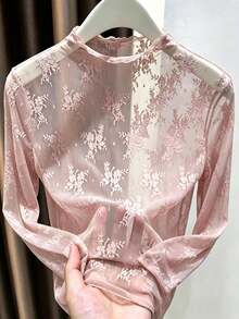 Women's Lace Mock Neck Mesh Long Sleeve Inner Layer Top - Pink - View 4