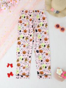 2pcs/Set Girls Casual Ghost Pumpkin Print Lapel Long Sleeve Cardigan And Pants Pajama Set Flame Retardant Halloween All Seasons - Dusty Pink - View 8