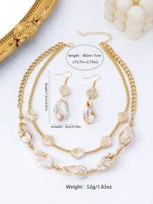 3 Pieces Bohemian Style Vintage Elegant Asymmetrical Geometric Double Layer Necklace And Earrings Set For Women, Suitable For Gifts, Parties, Banquets And Daily Wear - White - View 7