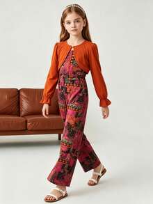 Tween Girl 2pcs Set Vintage Knit Short Jacket And Tank Top Jumpsuit, Autumn/Winter - Purple - View 3