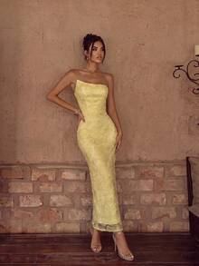 ADYCE Elegant Party Beaded Floral Mesh Dress Wedding, For Her Fall - Light Yellow - View 6