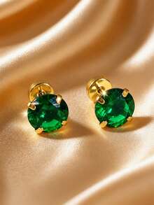 VceTd 1 Pasang Anting Tusuk Gaya Vintage dari Baja Tahan Karat dengan Dekorasi Kaca Bulat Hijau untuk Pemakaian Sehari-hari Wanita - Yellow Gold - View 4