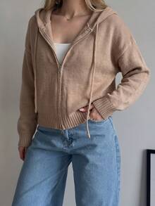 JTI Women's Two-Way Zip Hooded Knit Cardigan, Casual Loose Long Sleeve Sweater Jacket With Drawstring Hood For Daily Wear, Going Out, Fall/Wint - Brown - View 5