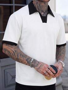 Men's Contrast Trim Polo Shirt, Minimalist Commuter Short Sleeve Sweater - White - View 1