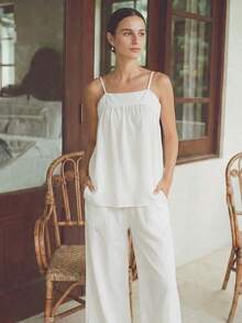 Women's Summer 2-Piece Pajama Set, Pure Cotton Minimalist Loose Sexy Backless Camisole Sleeveless Top With Fashionable Dual Pockets - White - View 6