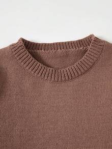 Autumn/Winter New Women's Big Tween Girl Solid Color Drop Shoulder Knit Pullover Sweater, Paired With Same Color Drape Straight Leg Pants, Casual Home & Outdoor Versatile 2 Pieces Set - Brown - View 3