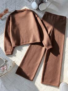 Autumn/Winter New Women's Big Tween Girl Solid Color Drop Shoulder Knit Pullover Sweater, Paired With Same Color Drape Straight Leg Pants, Casual Home & Outdoor Versatile 2 Pieces Set - Brown - View 2