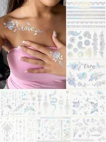 9 Sheets Holographic Stickers Flash Tattoos Glitter Butterfly Stickers Flower Tattoos For Arm Body Hair For Festival Carnival Bachelorette Back To School Party Travel Essentials - Multicolor - View 10