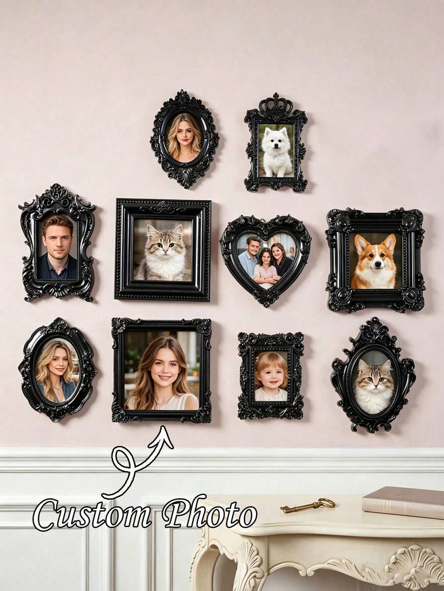 1pc Customized Black European Style 3D Floral Pattern Decorative Frame, Hand-Painted Resin Material DIY Wall Decor Hanging Ornament, Photo Frame, Enhances Home Atmosphere, Suitable For Home, Gathering, Party, Holiday As Wall Decoration And Photo Prop - Multicolor - View 1