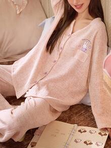 Gongdie 2 Pieces Miffy Women's Pajama Set,Fall Pink Marl Textured Soft Cotton Loungewear With Pocket - Baby Pink - View 2