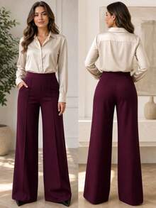 Plus Size Burgundy Multi-Purpose Commute Minimalist Solid Color Wide Leg Pants, Daily Wear - Burgundy - View 7