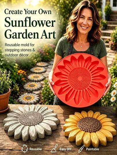 1pc DIY Cement Paving Mold, Sunflower Garden Stone Cement Mold, Reusable Stepping Stone Mold, Suitable For Garden Supplies, Outdoor Garden Decor, Gardening Tools, Stepping Stone Garden, Garden Path Stone, DIY Walkway, Garden Path, Yard Decor, Back To School, Halloween, Christmas Gift Best Choice