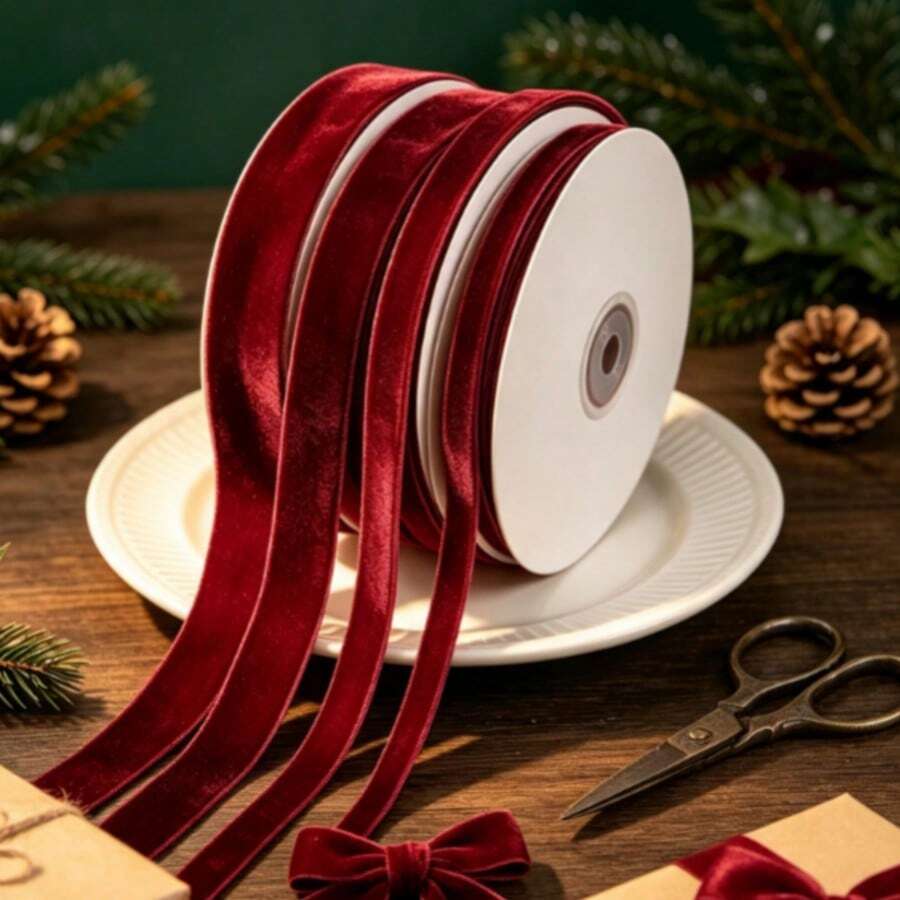 1pc 4.57m Single-Sided Non-Elastic Colorful Flocked Ribbon, Flocked Satin Ribbon For Bows, DIY Clothing, Christmas Decoration (Length May Vary Due To Manual Measurement), With Paper Spool For Easy Storage - 25 Yards Wine Red - View 1