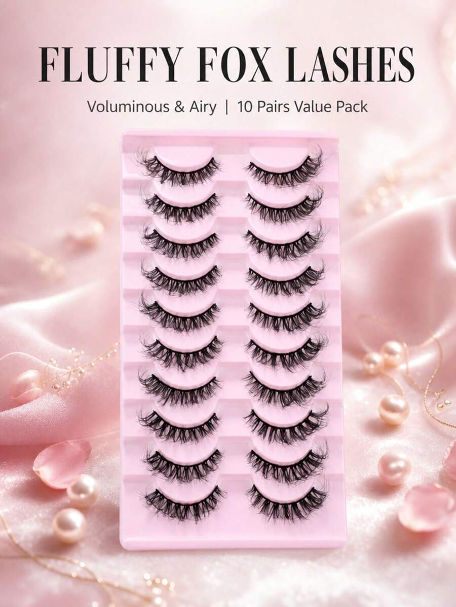1. Fluffy Fox‑Eye False Eyelashes 10 Pairs, 3D Wispy Mink‑Like Lashes - Black - View 1
