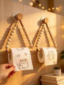 Wall-Mounted Rope Toilet Paper Holder, No-Drill Toilet Paper Rack, Kitchen Wall-Mounted Paper Towel Holder With Hook, Replaceable Roll, Modern Home Fashion Bathroom Accessory - Brown - View 8