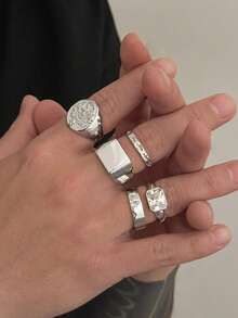 5pcs Vintage Style Unisex Ring Set, Gold Coin Stamp & Rhinestone Design, Punk Luxury Multi-Layer Stackable Index Finger Rings Accessories - Silver - View 4
