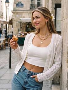 Women's Spring/Summer/Early Autumn French Minimalist Style Hollow Crochet Knit Cover Up White - White - View 3