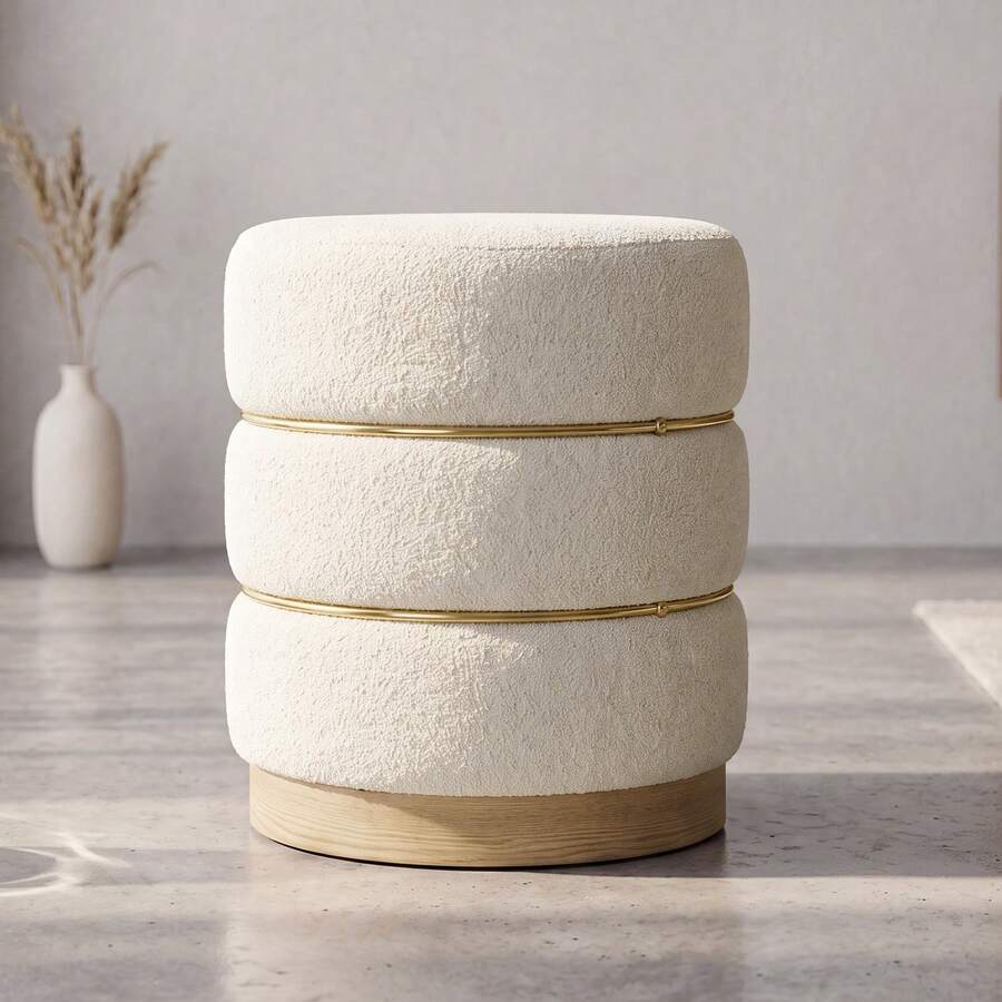 WAHSON OFFICE CHAIRS 1PC Cream Round Boucle Ottoman Upholstered Footstool With Wood Frame