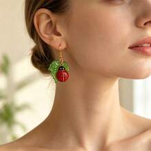 BMOR Cute Spring Summer Insect Dangle Earrings, Enamel Ladybug Bee Green Leaf Drop Hook Earrings, Daily Party Holiday Gift Jewelry For Women Girls - Gold - View 2