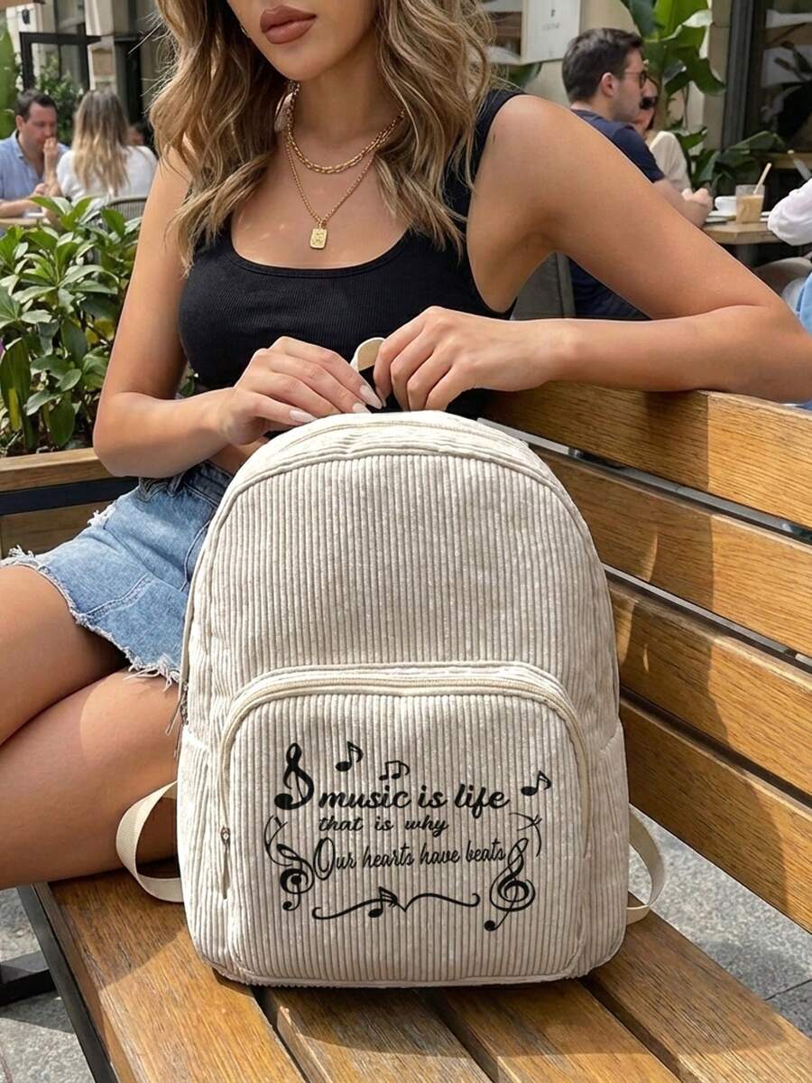 1PC Women Mini Corduroy Backpack, Girl Fun‑Print School Bag, Travel Storage Bag, Large‑Capacity Foldable Lightweight Backpack With Multi‑Layer Pockets & Zipper Closure - Text 22717 - View 1