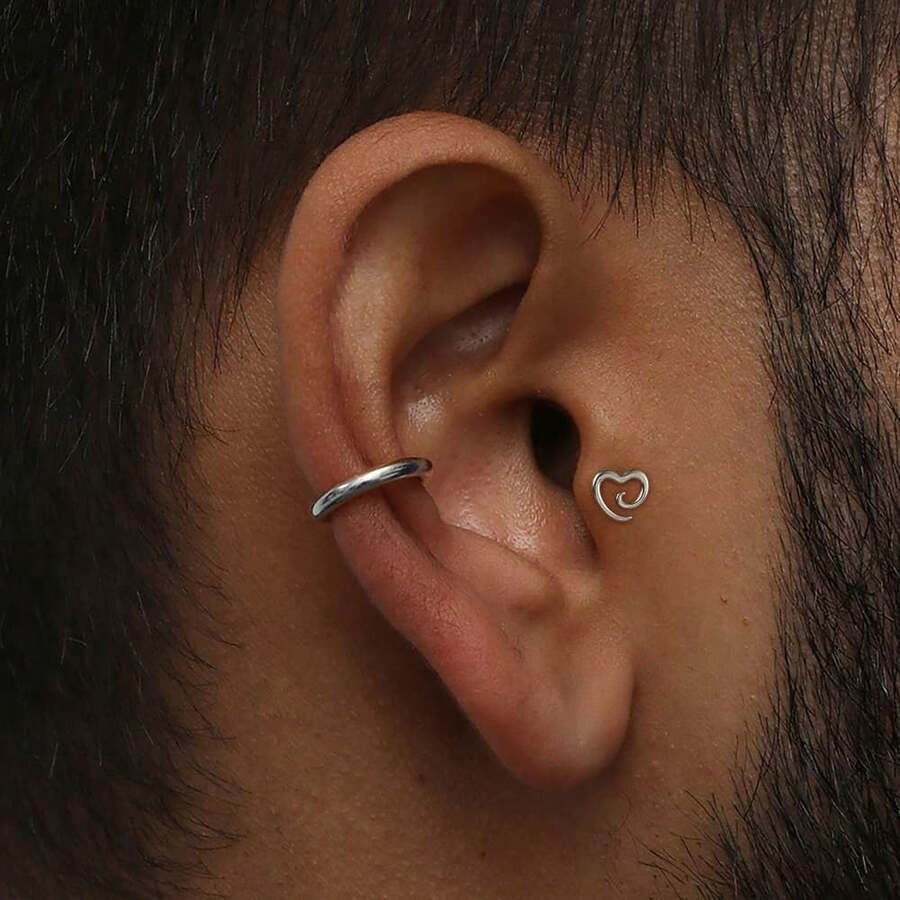 1 buah anting tindik labret titanium ASTM F136 berbentuk hati berputar, berongga, filigran, dan datar di bagian belakang untuk anting helix, conch, dan tragus. - Utas Internal - View 1