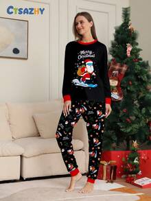 Christmas Ski Santa Print,Contrast Color Long Sleeve Top & Pants Pajama Set,Women Pjs Sleepwear,Black,Autumn,Cute,Sleep - Black - View 4