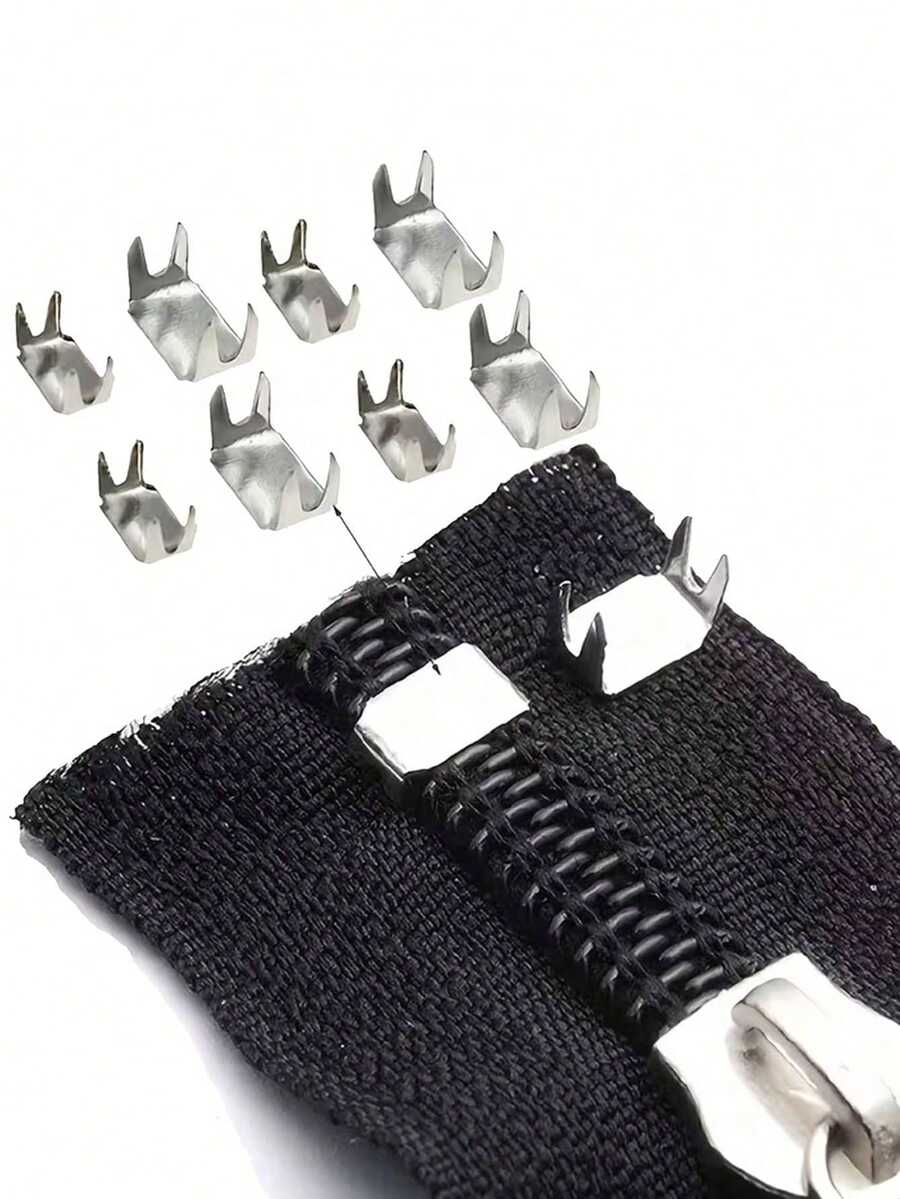 10pcs Size 5 Metal Zipper Sliders And End Caps - 4-Prong Tail Clamps - Silver - View 1