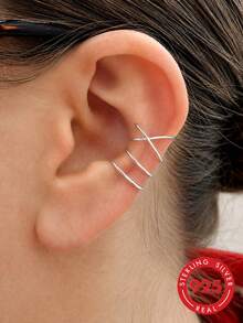 1 Pair S925 Sterling Silver Minimalist Cold Style Double Layer Ear Cuffs For Women, Niche Exquisite Cross Line Cartilage Ear Clips, Daily Commute Date Personalized Matching High-End Accessory Gift For Girlfriend Best Friend Earrings - Geometry - View 7