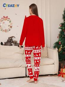 Christmas Santa Xmas Tree Print,Contrast Color Long Sleeve Top & Pants Pajama Set,Women Pjs Sleepwear,Red,Autumn,Cute,Slee - Multicolor - View 2